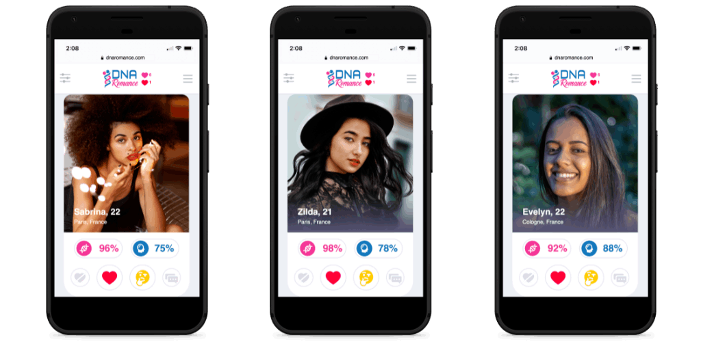 DNA Romance dating app on three phones