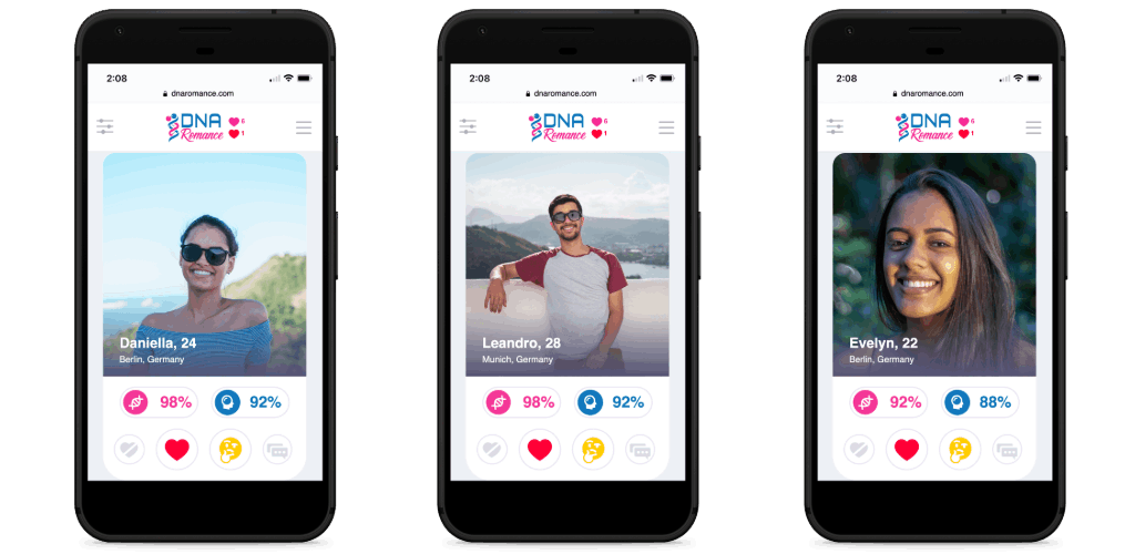 DNA Romance Dating-App auf drei Handys