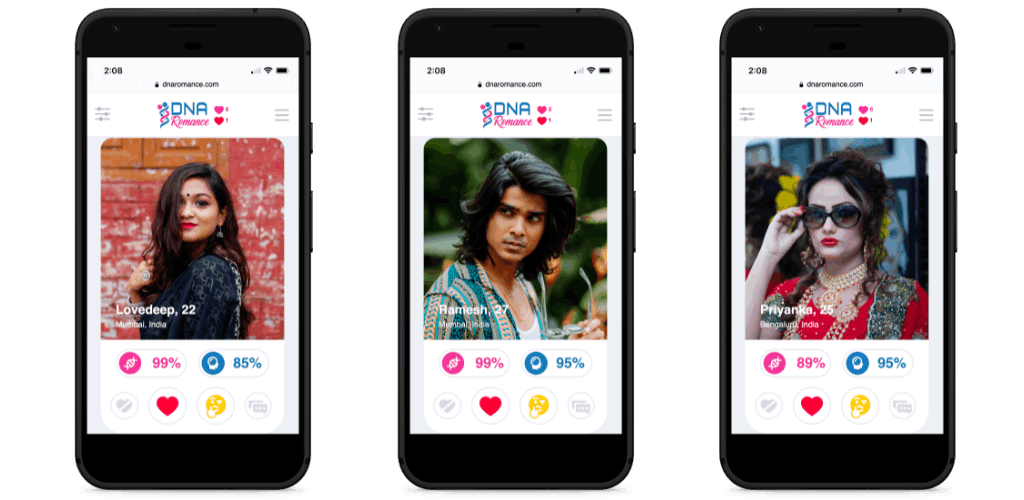 DNA Romance dating app on three phones