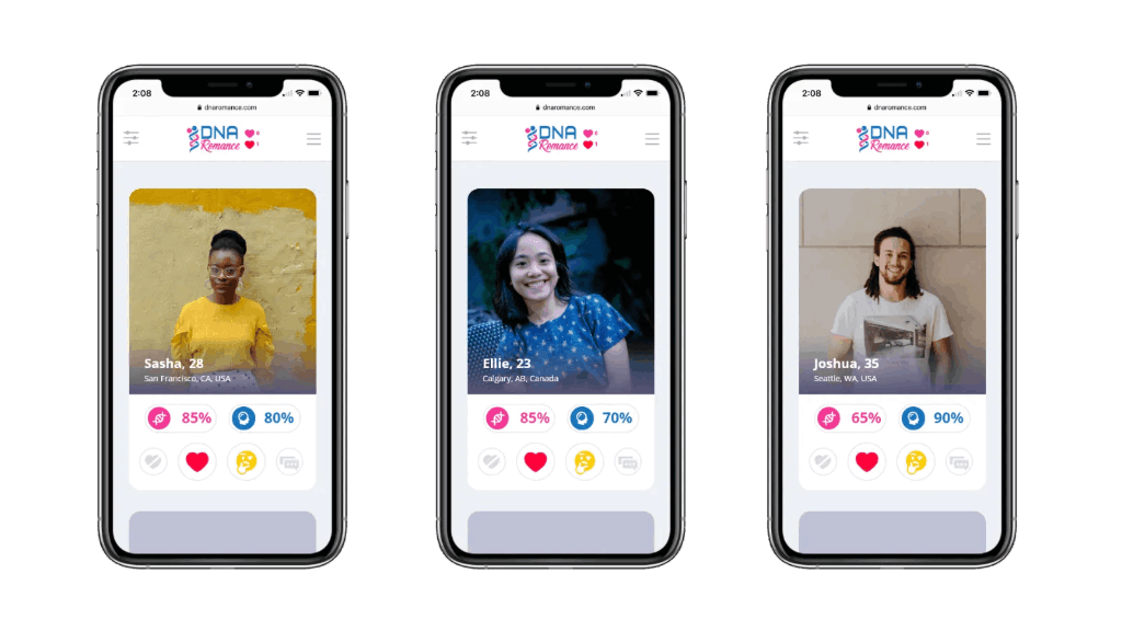 DNA Romance dating app on three phones