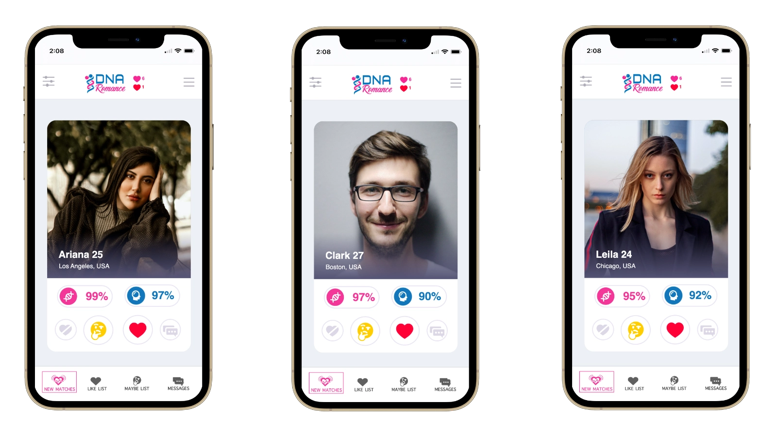 DNA Romance app on three phones